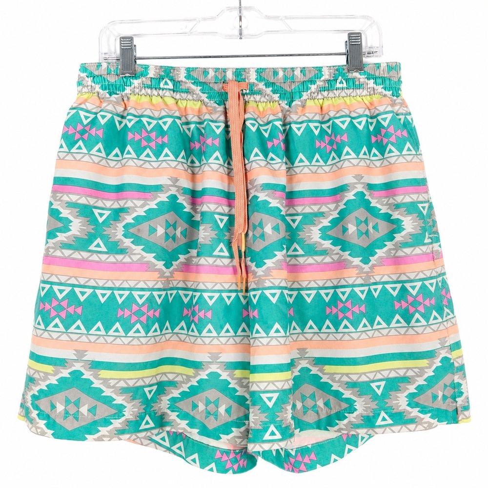 Chubbies Swim Trunks Mens XL Teal Pink Aztec Geometric 5.5" Lined Shorts Coastal